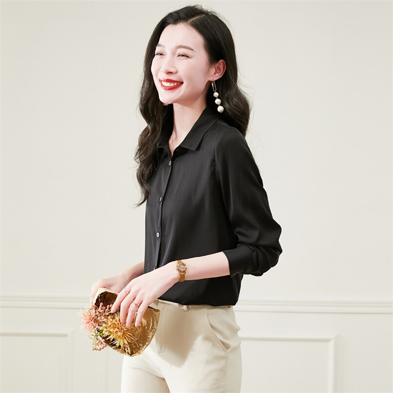 杭州重磅黑色真丝衬衫女高级感长袖2026秋新款通勤百搭真丝上衣,女装衬衫,阿舍尔精品