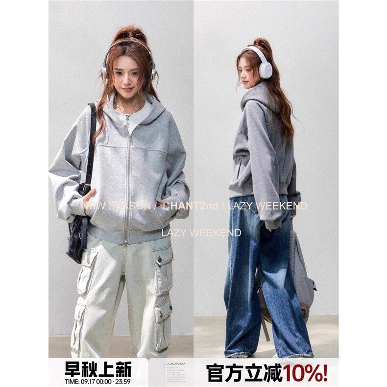 1506/Q80070/P59长袖卫衣新款美式复古设计感双拉链潮牌运动帽衫，男装卫衣，星座1506