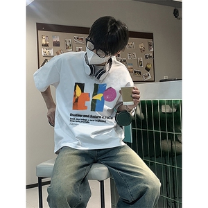 已做版权 拼贴画设计感宽松落肩艺术风短袖纯棉高级感t恤 T90-P28图片