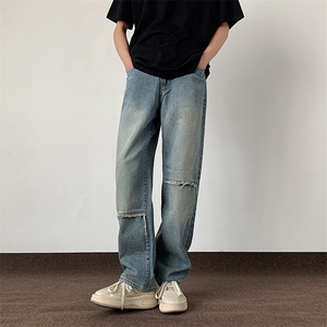 美式设计感双色休闲牛仔裤男款春夏季高街宽松直筒长裤D995/p58图片