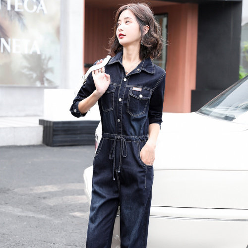 连体裤女2025春秋时尚简约收腰显瘦休闲炸街百搭衬衫领工装连衣裤,女装套装/套裙,E百度