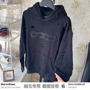 复古美式街头碎破洞连帽卫衣男女图片
