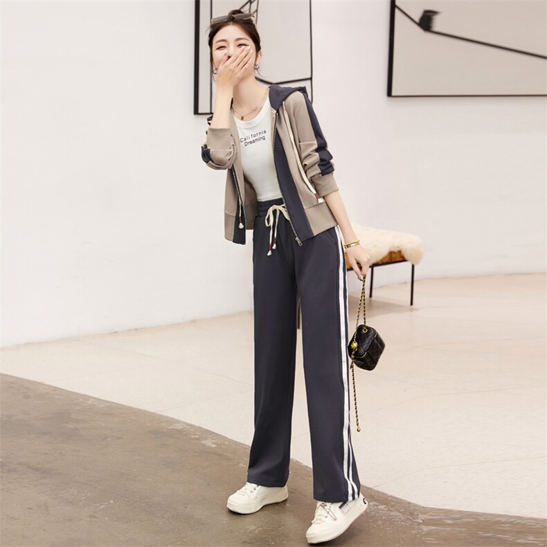 现货-休闲时尚套装女2023春季新款洋气减龄气质百搭阔腿裤两件套,女装运动套装,然然
