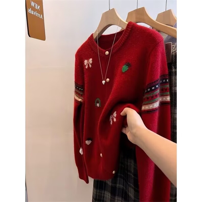 2025年秋季时尚百搭通勤简约休闲蝴蝶结提花开衫，女装针织衫/毛衣，隆格羊绒