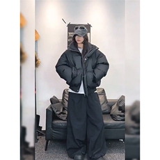 现货5W件冬季三防重磅硬挺boxy短款羽绒立领PU皮棉衣外套加厚棉服，男装棉衣，电商A486-1
