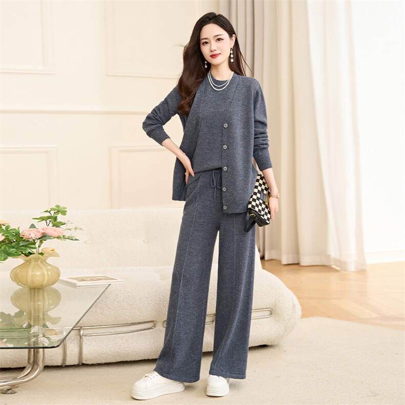 【档口现货】2024新秋款假两件开衫上衣+阔腿长裤休闲时尚两件套,女装套装/套裙,宝儿家