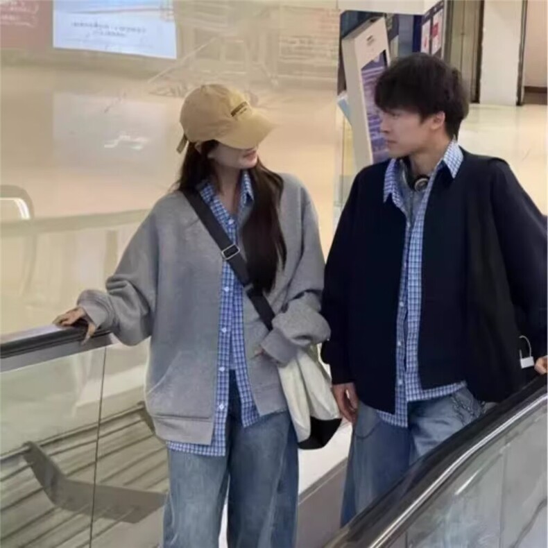 网络图新款假两件男女同款情侣装拼接格子休闲卫衣,男装卫衣,星座410-7