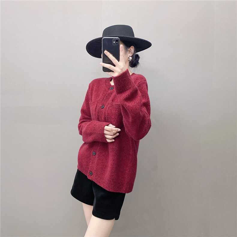 HE|花式纱小香风加厚baby山羊绒针织开衫女圆领毛衣宽松外套,针织衫/毛衣,国旺羊绒