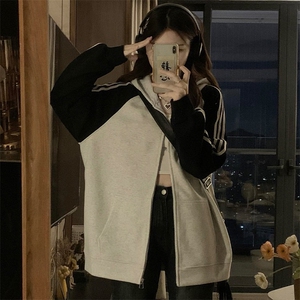 美式复古卫衣外套女春秋款韩系条纹拼接撞色连帽开衫潮 C813-P100图片