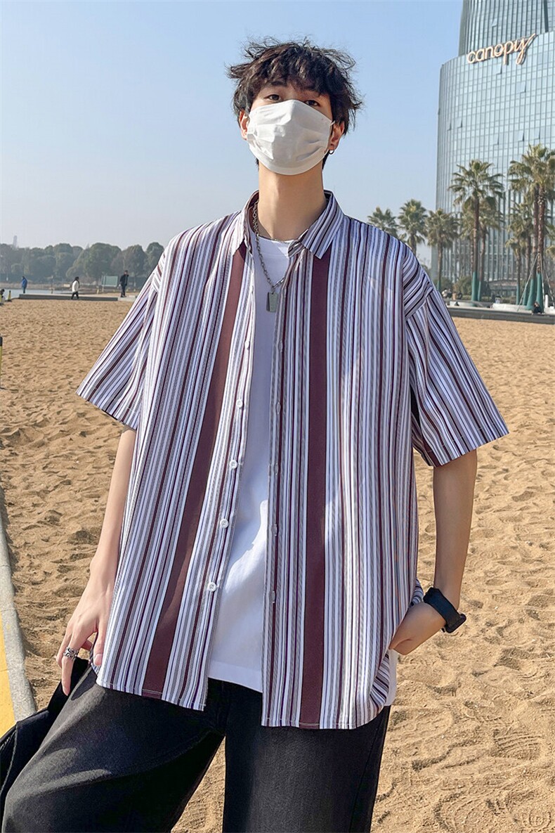花衬衫男短袖夏季条纹休闲上衣服外套翻领大码衬衣A012/863P35,男装衬衫,电商A012