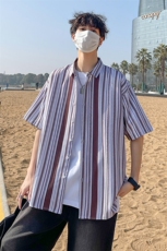 花衬衫男短袖夏季条纹休闲上衣服外套翻领大码衬衣A012/863P35，男装衬衫，电商A012