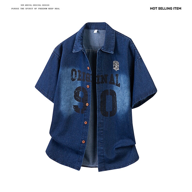 美式水洗做旧牛仔短袖衬衫潮牌宽松字母印花休闲上衣，男装衬衫，星座410-7