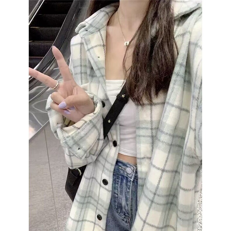绿色格子衬衫女新款宽松春秋季设计港风chic学生衬衣长袖上衣外套,男装衬衫,星座506A