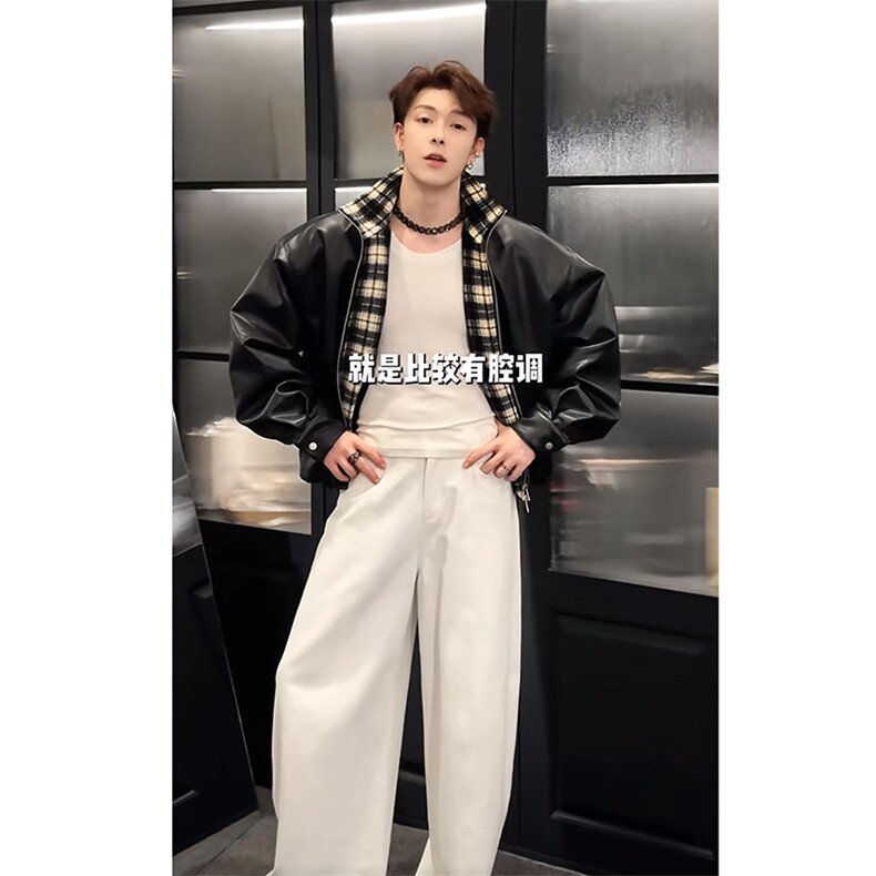 秋冬复古格子拼接机车皮衣夹克外套男潮 JK2377-P145（网图）图片