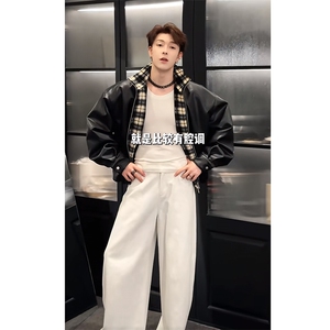 秋冬复古格子拼接机车皮衣夹克外套男潮 JK2377-P145（网图）图片