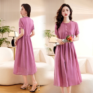 纯苎麻连衣裙新款夏季中年妈妈杭州高端棉麻亚麻藏青色长裙子，女装连衣裙，倪叶myz