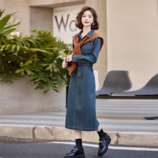 长袖春秋新款牛仔连衣裙中长款气质翻领收腰显瘦连衣裙，女装连衣裙，瑶迪依秀