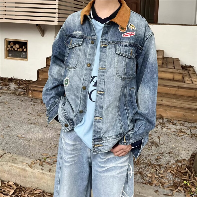 水洗贴标翻领牛仔夹克男女情侣街头上衣潮休闲外套潮流JK8646,男装工装外套,星座516A