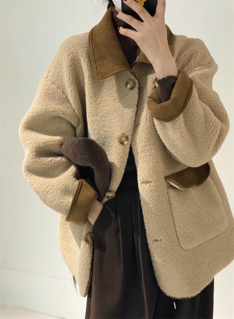 拼色羊羔毛外套，其它，驿谷