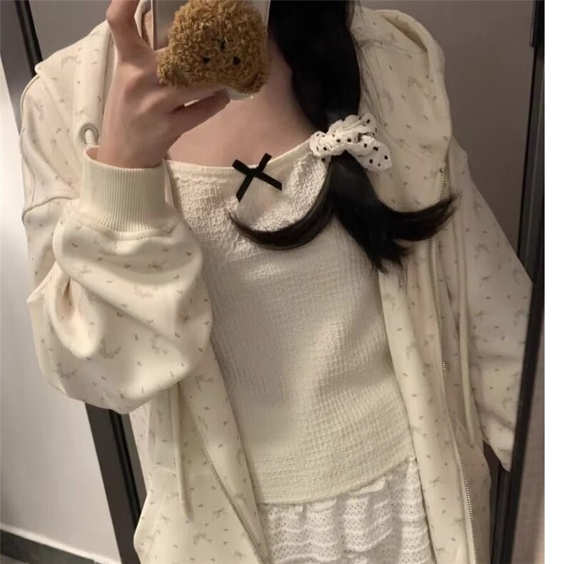 碎花连帽卫衣女春秋冬薄款宽松慵懒风小个子拉链开衫外搭上衣外套图片