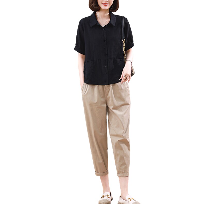 2023夏装新款纯色衬衫短袖两件套,女装套装/套裙,梦芯尔