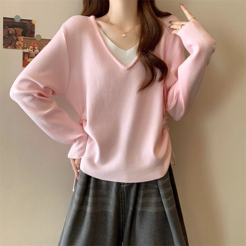 QC031-P58褶皱抽绳长袖打底针织衫毛衣上衣女假两件V领设计感，女装卫衣/绒衫，星座617A-2