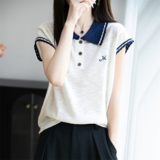 撞色翻领冰麻针织小飞袖T恤女2025夏薄Polo领上衣显瘦短袖t恤衫潮，女装T恤，菲奥羊绒