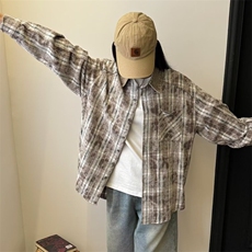 现货美式复灯芯绒拼接春秋格子长袖衬衫外套男百搭衬衫LC055-P45，男装衬衫，星座1008