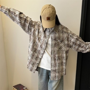 现货美式复灯芯绒拼接春秋格子长袖衬衫外套男百搭衬衫LC055-P45