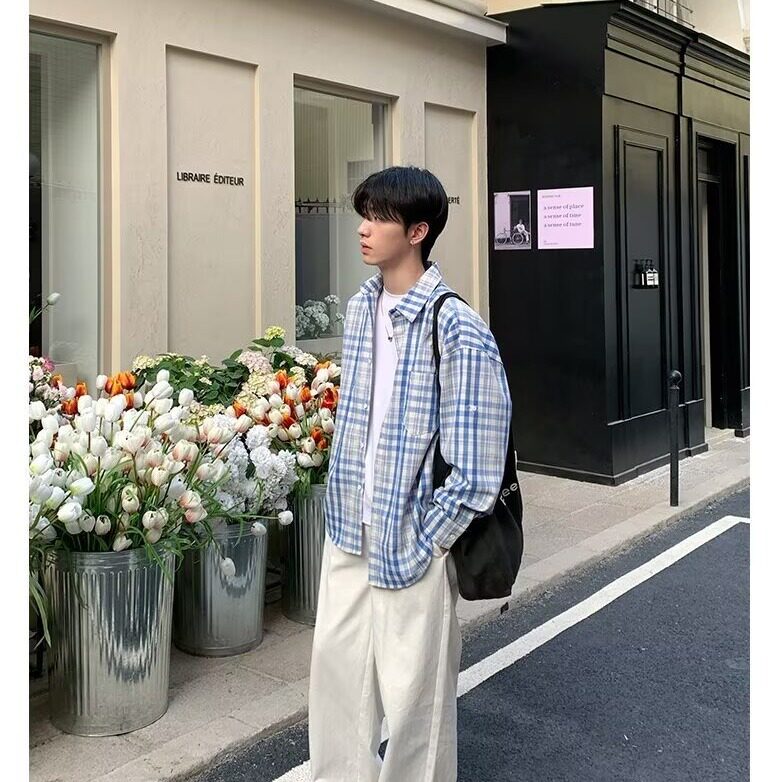K411-P36格子衬衫男长袖衬衣帅气百搭潮流2025春秋季帅气港风,男装衬衫,电商B323A