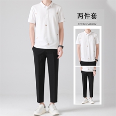 冰丝套装夏季九分休闲西裤男长裤修身韩版短袖POLO衫两件套潮，男装衬衫，星座505-2（原电商A260-1)