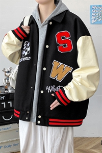 冬款拼接皮料加棉加厚棒球服休闲运动棉衣外套男8123-P120控价158图片
