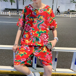 TZ203夏季新款男士T恤短裤套装东北大花大码红色蓝色青年运动套装图片