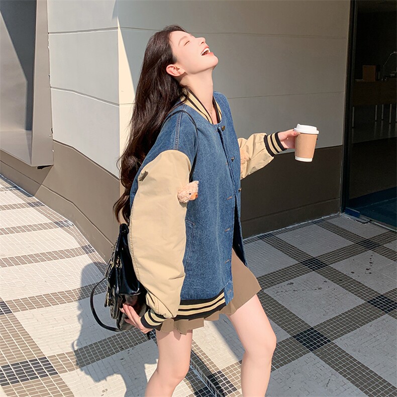 新款拼接牛仔外套女小熊棒球服夹克短款显瘦,女装牛仔外套,天使之佳话
