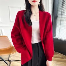 V领中长款100%纯羊毛开衫女秋冬新款宽松慵懒羊绒衫长袖外搭毛衣，女装羊毛衫，蒙特羊绒