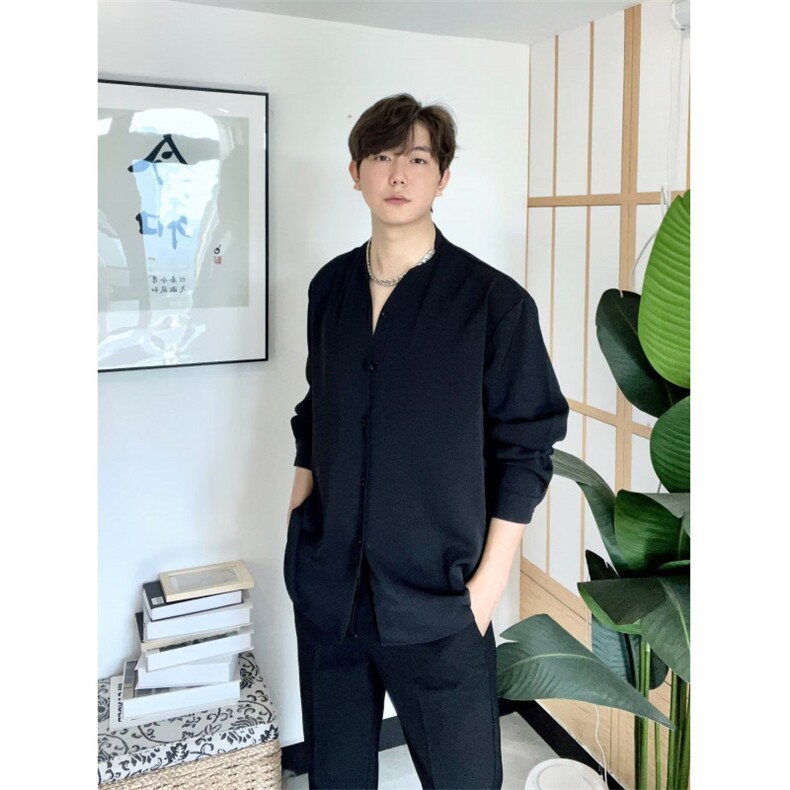禁欲系垂感V领衬衫男春秋新款纯色宽松高冷风无领长袖衬衣ins时尚,男装衬衫,星座506A