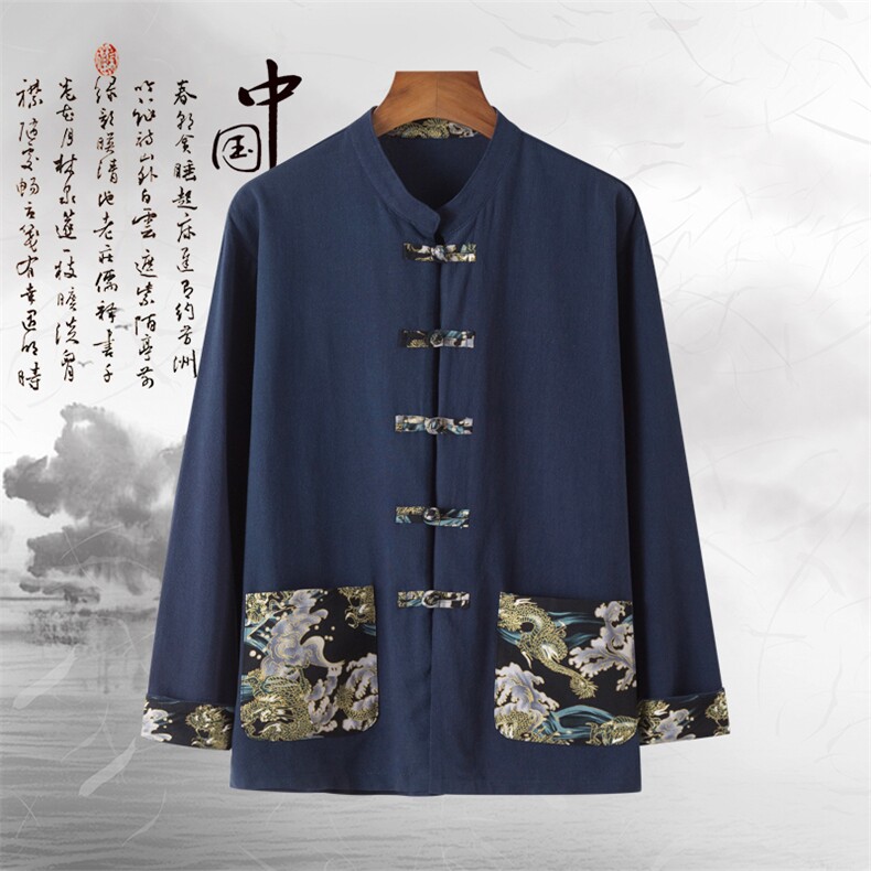 T78* 中国风男士棉麻龙纹绣花唐装麻料长袖衬衫练功服 藏青 *P65图片