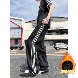 体育生条纹裤子男秋冬季加绒加厚宽松直筒美式hiphop休闲运动卫裤图片