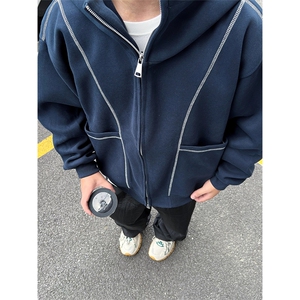 抖音得物高品质秋冬美式高街重磅结构辑明线纹理连帽卫衣外套W111图片