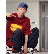 抖音得物高品质二开240克宽松纯棉美式潮牌三条杠织带短袖T恤，男装T恤，电商A486