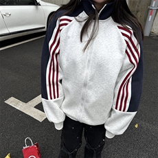 抖音得物高品质26春装美式高街重磅织带拼接撞色立领卫衣外套CM41，女装短外套，电商A486