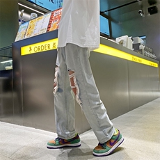 高街膝盖大破洞阔腿牛仔裤男2023年春夏乞丐老爹裤子N06003-P40，男装牛仔裤，星座308B-1