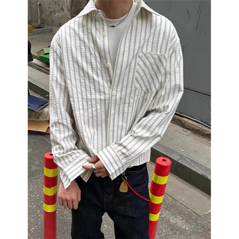 条纹泡泡纱衬衫休闲正肩长袖高智感条纹上衣美式慵懒风C29,男装衬衫,星座1116A（原606A-3）