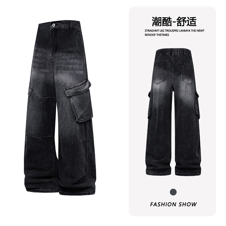 B221 美式ins高街暗黑宽松直筒竹节纹牛仔裤LK26615-特P50控88图片