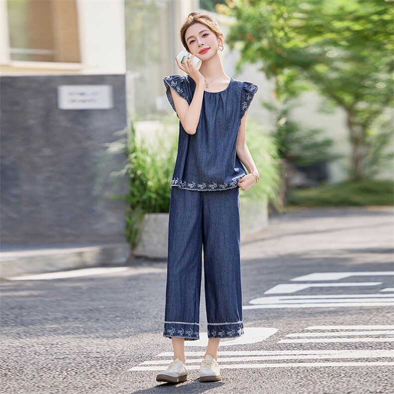 韩版刺绣牛仔阔腿裤两件套装女2025夏季新款小个子时尚飞袖套装潮,女装套装/套裙,魅影