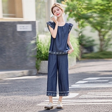 韩版刺绣牛仔阔腿裤两件套装女2025夏季新款小个子时尚飞袖套装潮，女装套装/套裙，魅影