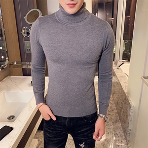 M09/p45两翻高领毛衣男 秋冬纯色修身长袖针织打底衫男高领毛衣图片