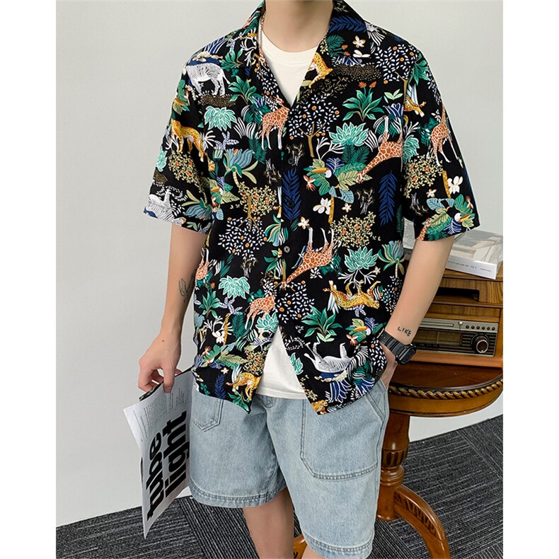 港风宽松版潮大码穿到230斤花衬衫西装领短袖衬衣228-11142-P40,男装T恤,星座228-1
