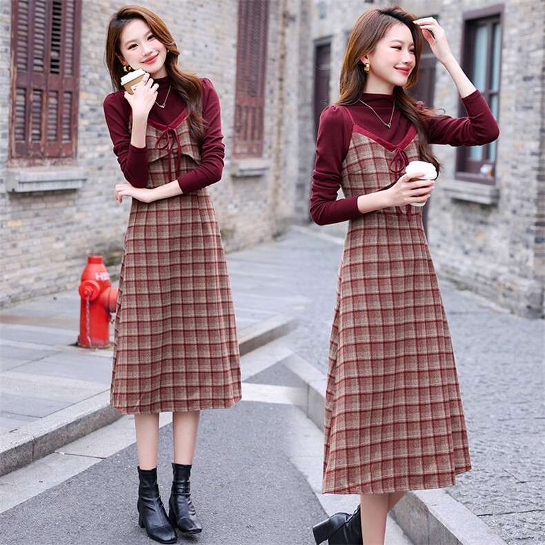 2024秋冬装新款气质优雅时尚潮流打底衫吊带连衣裙修身显瘦两件套，女装套装/套裙，奋斗女王