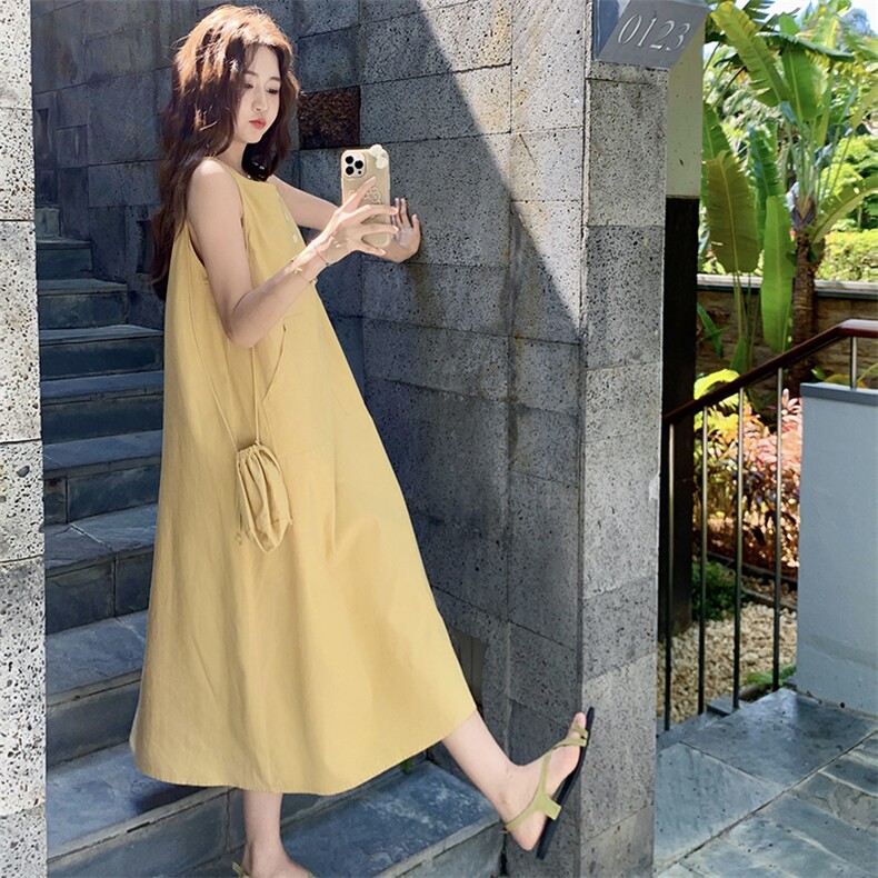 黄色超好看日系文艺连衣裙女2025夏季新款洋气松弛感减龄无袖长裙,女装连衣裙,维壹